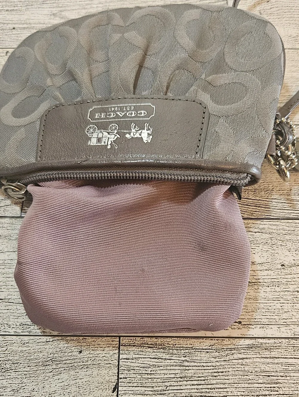 Coach Signature Pleated Wristlet Pouch Wallet Clutch Gray